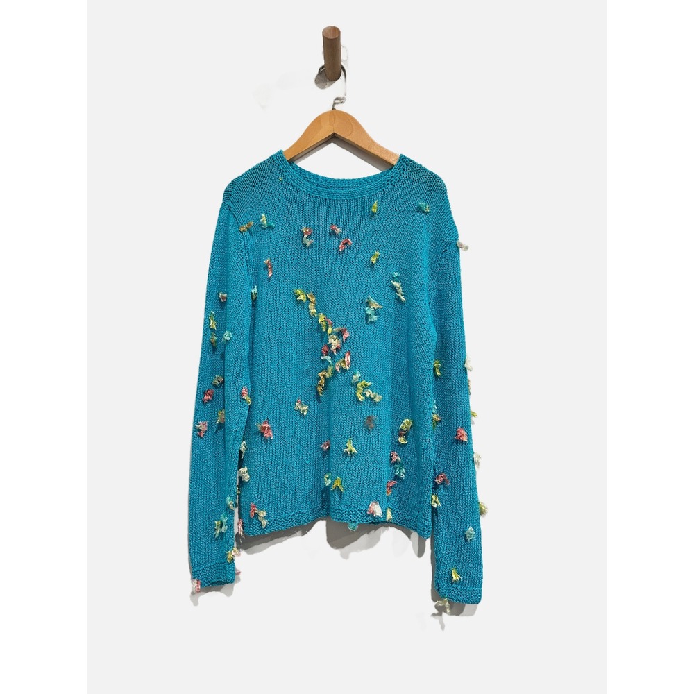 Y2K Blue Knit Sweater Fairy Colorful Ribbon Accent Textured Crewneck Pullover